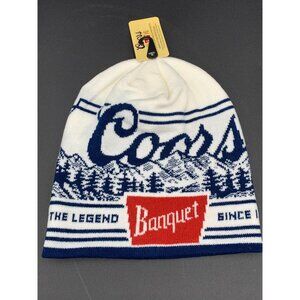 Coors Banquet Beanie Hat Winter Knit Blue White Red Beer Mountains Warm Winter